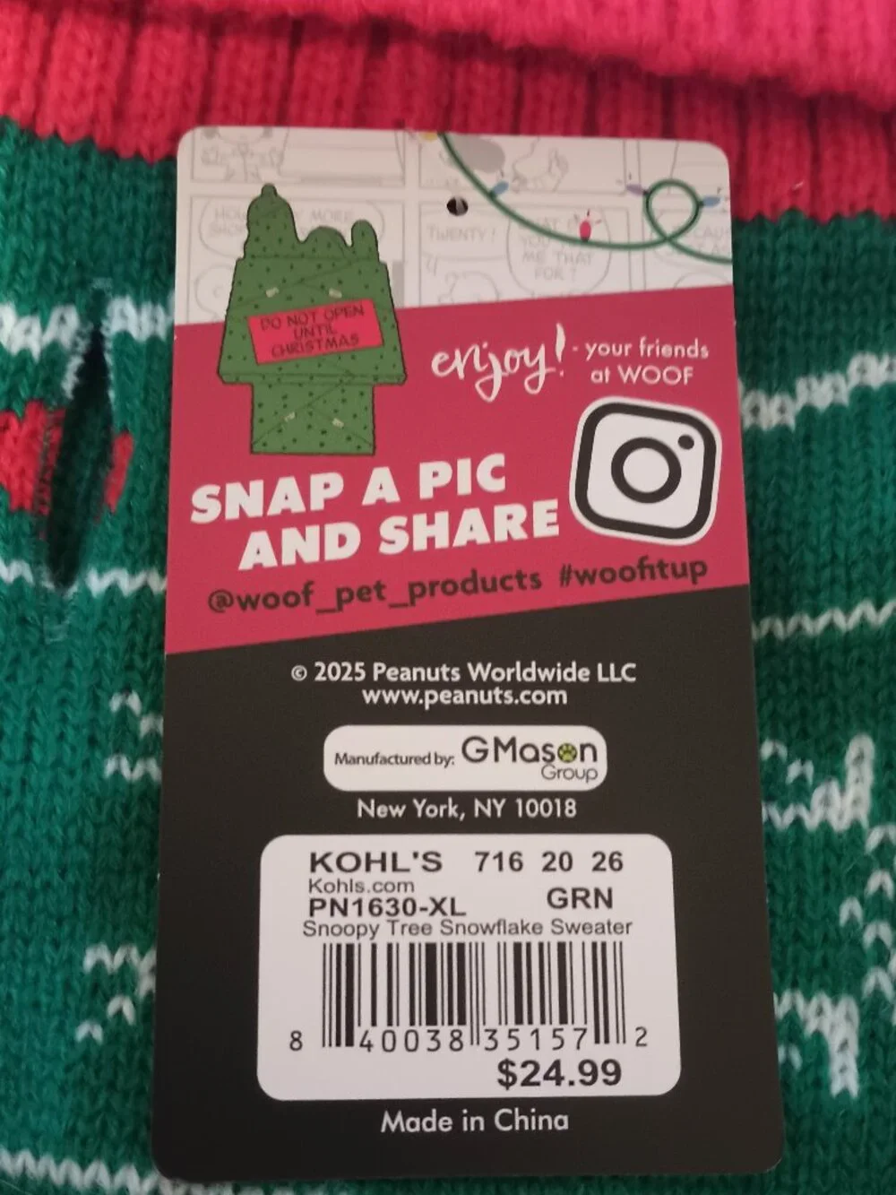 NWT~ Peanuts Snoopy & Woodstock Green & Red Knit Holiday Pet Sweater (Size:  XL)